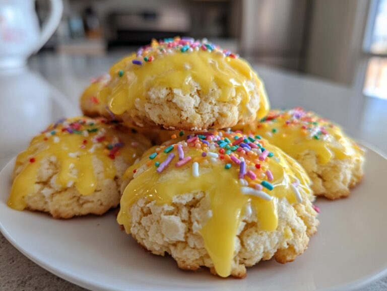A stack of fluffy Italian ricotta cookies topped with bright yellow lemon glaze and colorful sprinkles.