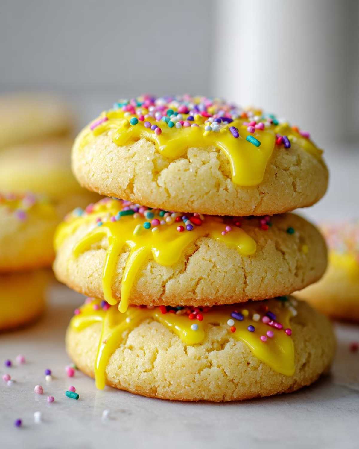 Three stacked Italian ricotta cookies topped with bright yellow glaze and rainbow sprinkles.