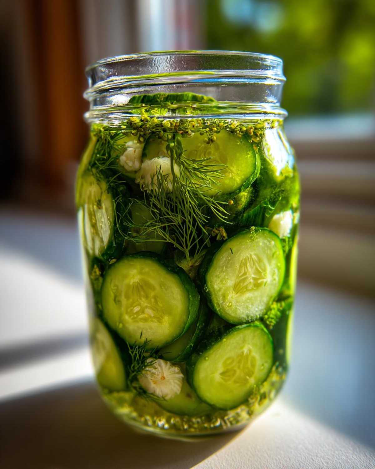 Close-up of a glass jar filled with sliced cucumbers, dill fronds, and spices for refrigerator pickles.