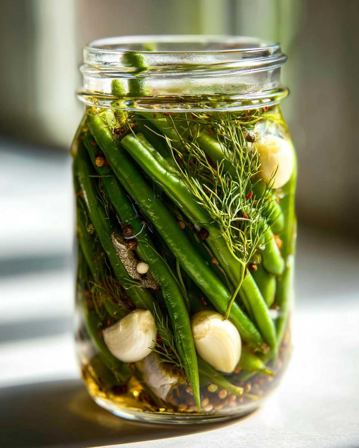 Close-up of a glass jar packed tightly with fresh green beans, dill sprigs, garlic cloves, and spices for making dilly beans.