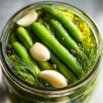 Top-down view of bright green dilly beans being pickled with garlic cloves, dill sprigs, and peppercorns.