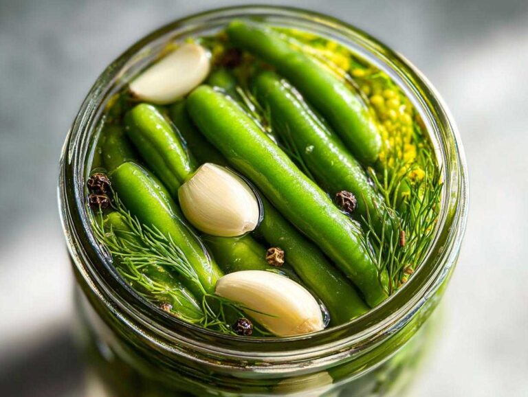 Top-down view of bright green dilly beans being pickled with garlic cloves, dill sprigs, and peppercorns.