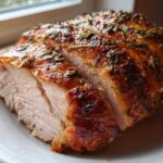 Close-up of a sliced, juicy turkey breast roast coated in glistening herb butter.