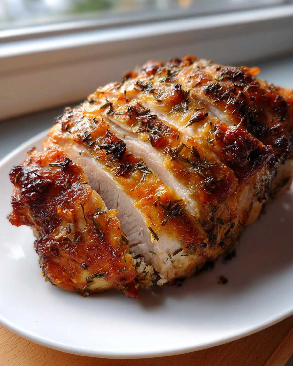 Close-up of a perfectly cooked, sliced turkey breast roast coated in golden herb butter.