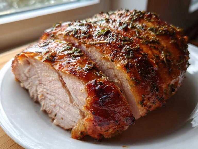 Close-up of a sliced, juicy turkey breast roast coated in glistening herb butter.