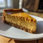 A perfect slice of keto pumpkin cheesecake with a thick crust, served on a white plate.
