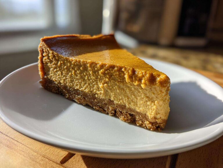 A perfect slice of keto pumpkin cheesecake with a thick crust, served on a white plate.