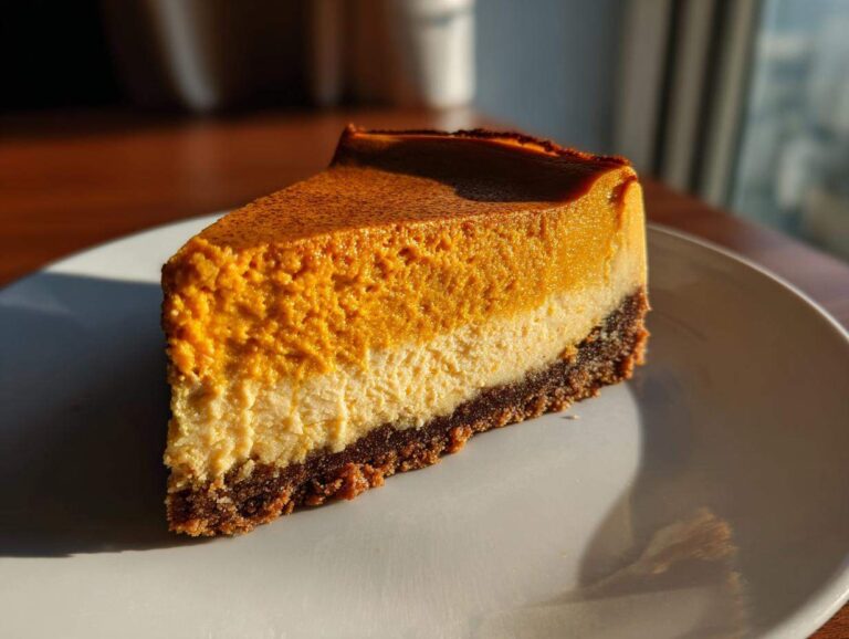 A perfect slice of layered pumpkin cheesecake featuring a dark crust, a light cream cheese layer, and a vibrant orange pumpkin top layer.