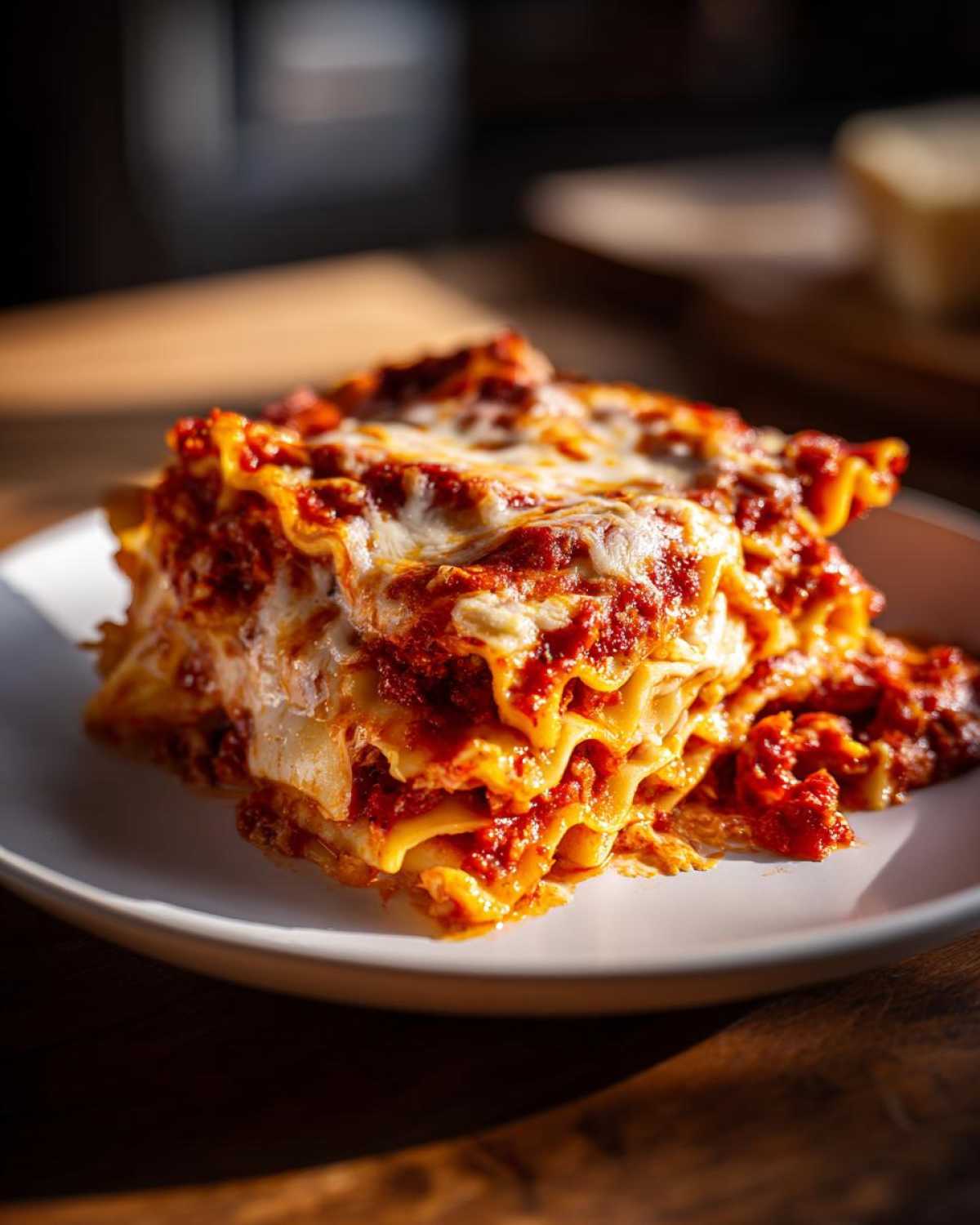 A close-up of a rich, cheesy slice of lazy lasagna with layers of pasta and meat sauce.