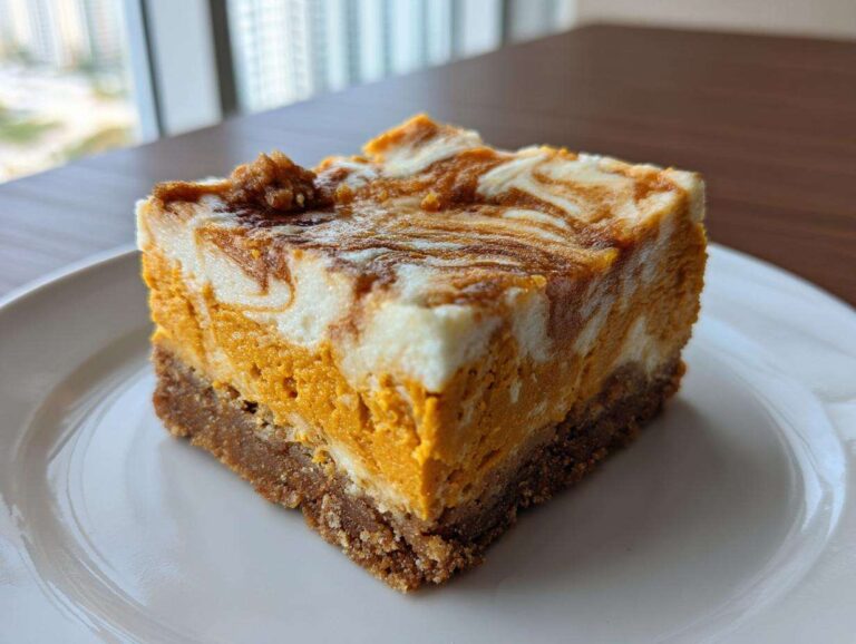A close-up of a single, perfectly cut square of pumpkin cheesecake bars with a marbled top.