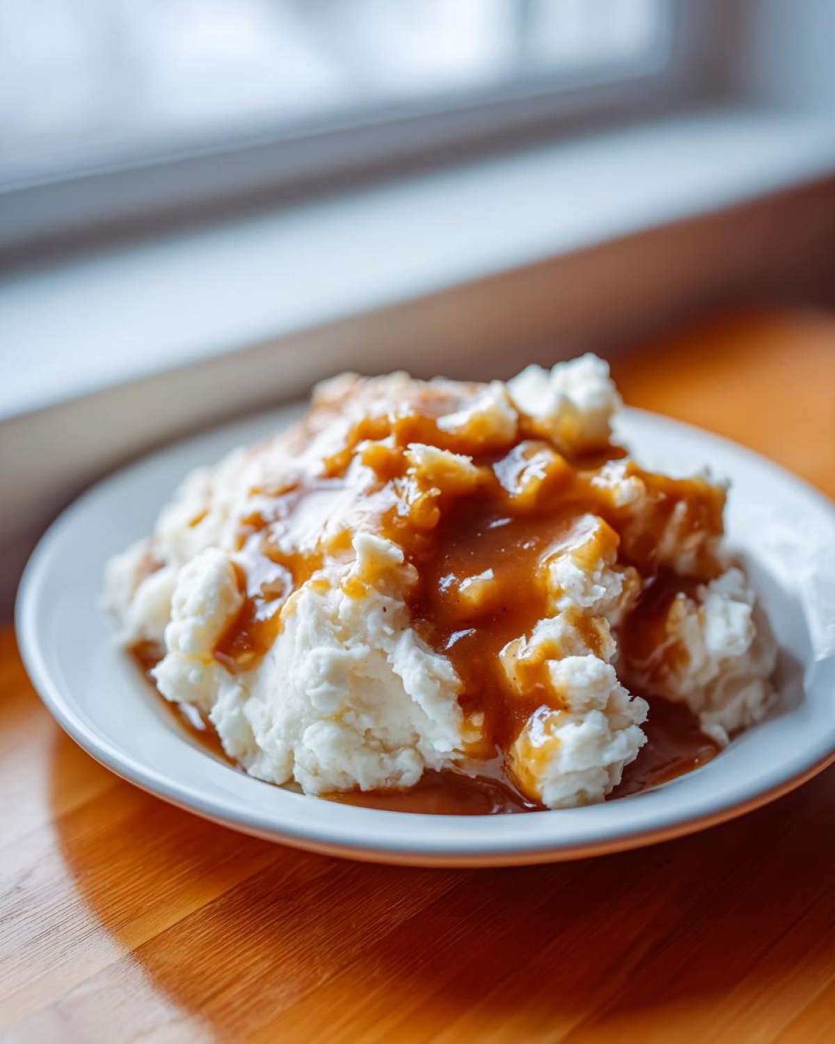 A close-up of fluffy mashed potatoes generously smothered in rich, brown chicken gravy on a white plate.