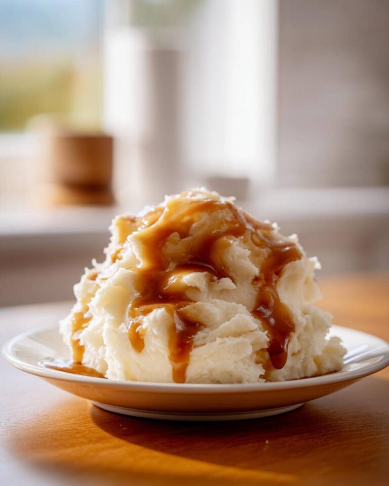 A mound of creamy mashed potatoes generously topped with rich, brown chicken gravy.
