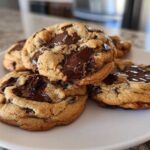 A stack of freshly baked, gooey chocolate chip pudding cookies with melted chocolate centers on a white plate.