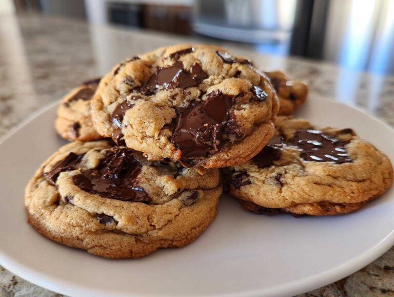 A stack of freshly baked, gooey chocolate chip pudding cookies with melted chocolate centers on a white plate.