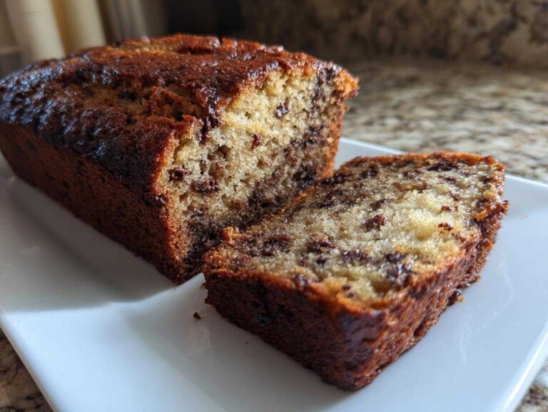 Close-up of a moist chocolate chip banana bread recipe loaf, with one slice cut and resting beside it.