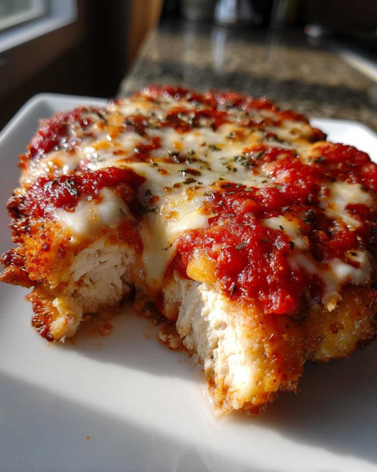 Close-up of a bite taken out of a juicy chicken parmesan recipe cutlet showing white meat under melted cheese and marinara sauce.