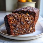 Close-up of a thick, moist slice of date nut bread showing rich texture, dates, and chopped nuts.
