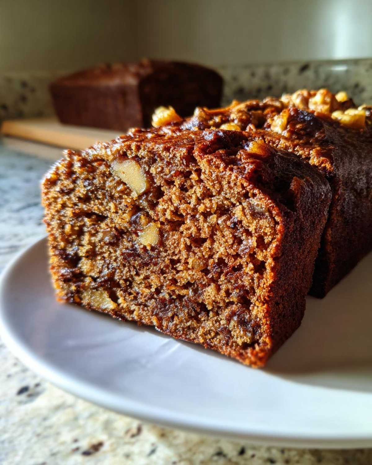 Close-up of a moist slice of date nut bread showing texture, dates, and walnuts, with a whole loaf blurred in the background.