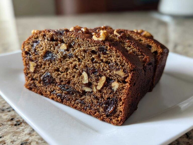 Three moist slices of date nut bread, studded with dates and walnuts, served on a white rectangular plate.