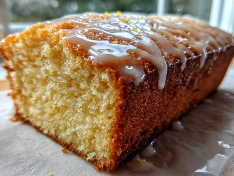 Close-up of a moist lemon loaf cake slice showing the crumb and thick, dripping lemon glaze.