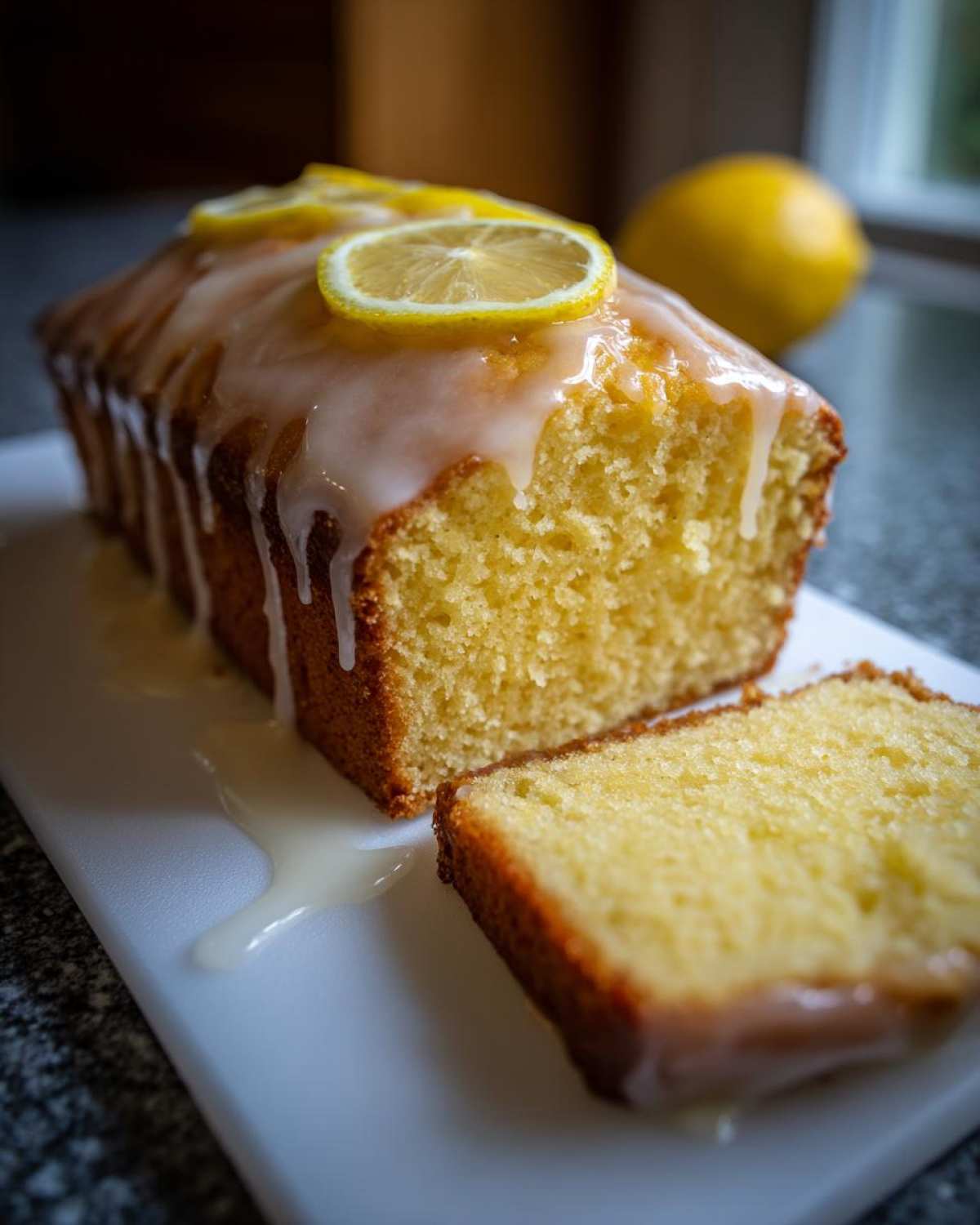 A moist lemon loaf cake, sliced, topped with thick white glaze and fresh lemon slices.
