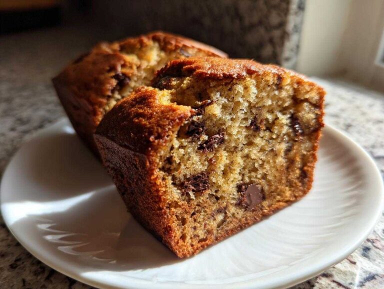 Close-up of a moist mini banana bread loaf cut in half, showing chocolate chips inside, on a white plate.