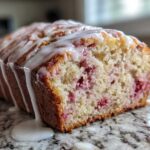 Close-up of a moist slice of strawberry bread drizzled with a thick vanilla glaze.
