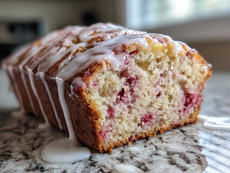 Close-up of a moist slice of strawberry bread drizzled with a thick vanilla glaze.