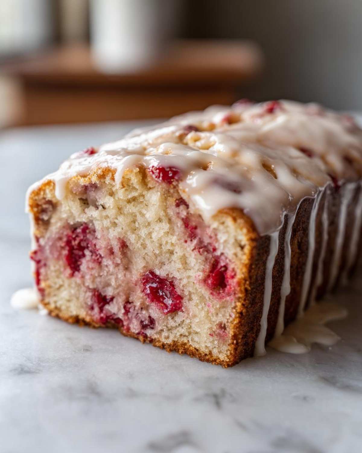 Close-up of a loaf of moist strawberry bread drizzled generously with white vanilla glaze.