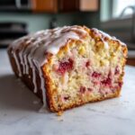 A close-up view of a sliced loaf of moist strawberry bread topped with a dripping vanilla glaze.