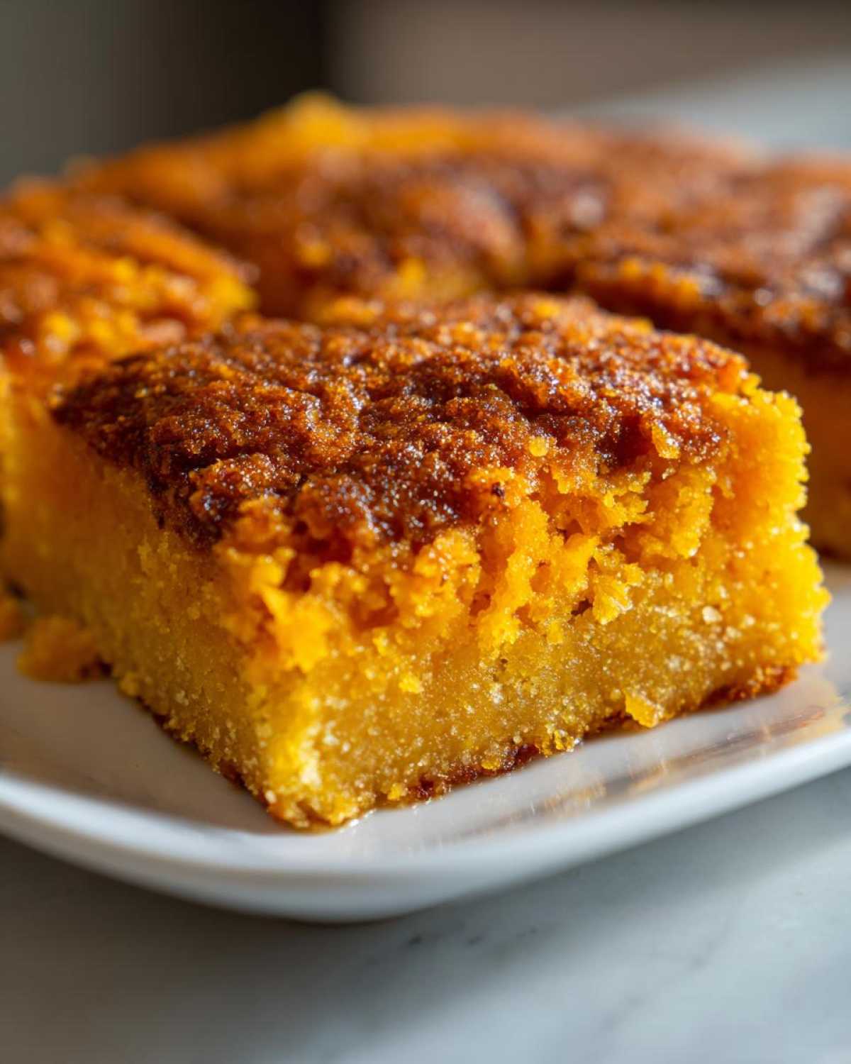 A close-up shot of a square slice of rich, orange sweet potato cobbler with a caramelized brown top.