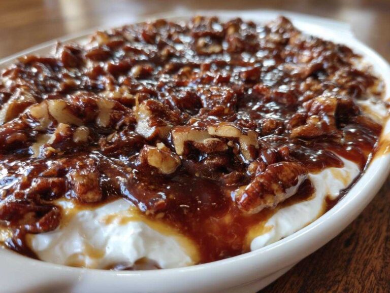 Close-up of a white dish filled with creamy pecan pie dip, topped with glossy caramel sauce and chopped pecans.