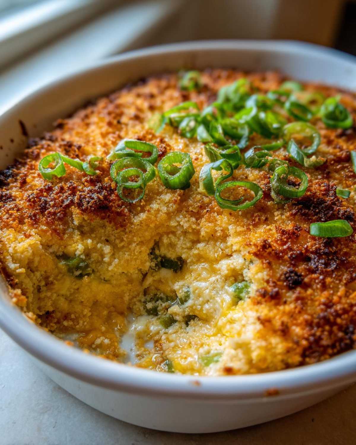 Close-up of a baked popper dip with a golden, crunchy topping, garnished with sliced green onions.