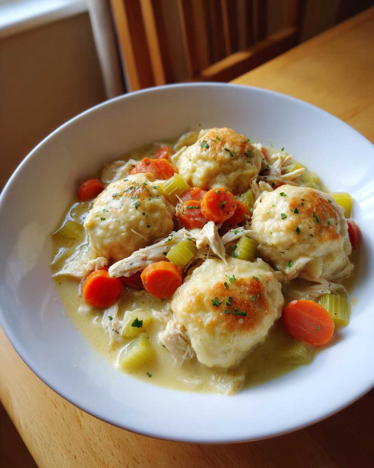 A close-up of a white bowl filled with creamy chicken and dumpling stew, featuring four fluffy dumplings, shredded chicken, carrots, and celery.