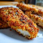 Close-up of crispy, golden parmesan crusted chicken tenders, one piece sliced to show the white meat inside.