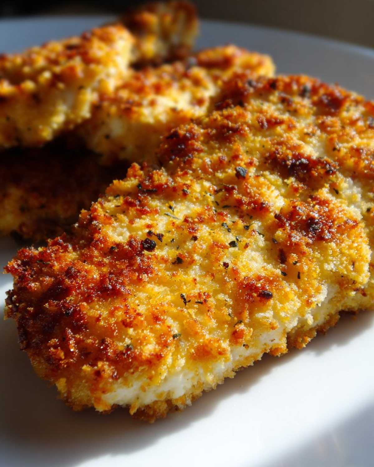 Close-up of a perfectly golden and crispy parmesan crusted chicken fillet on a white plate.