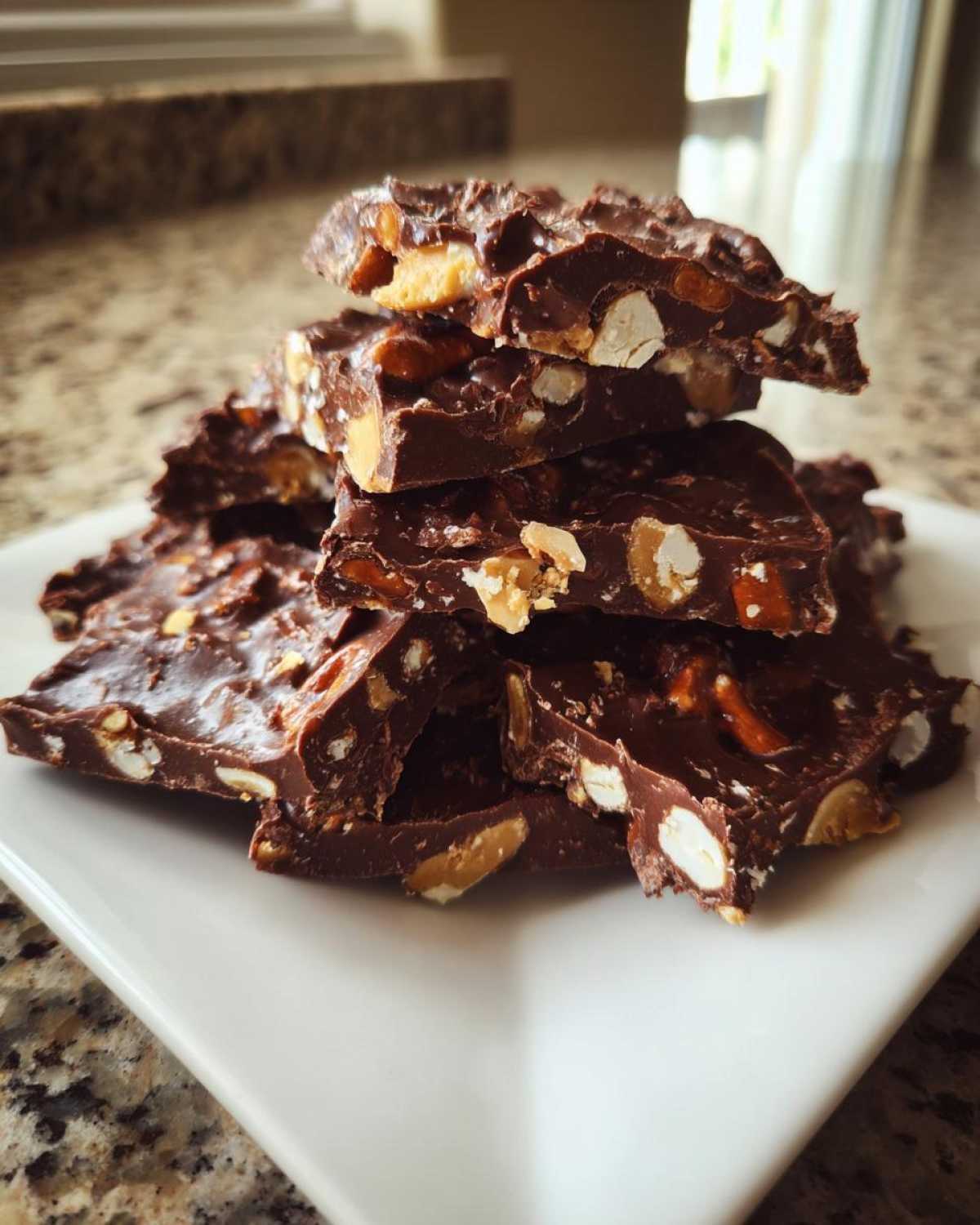 A stack of broken pieces of rich, dark peanut butter pretzel bark loaded with nuts, served on a white square plate.