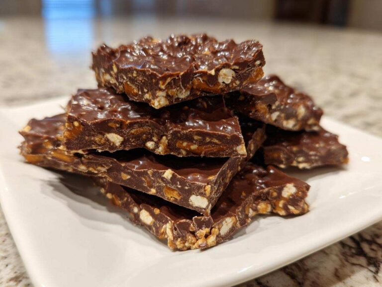 A stack of rich, dark chocolate peanut butter pretzel bark pieces piled high on a white rectangular plate.