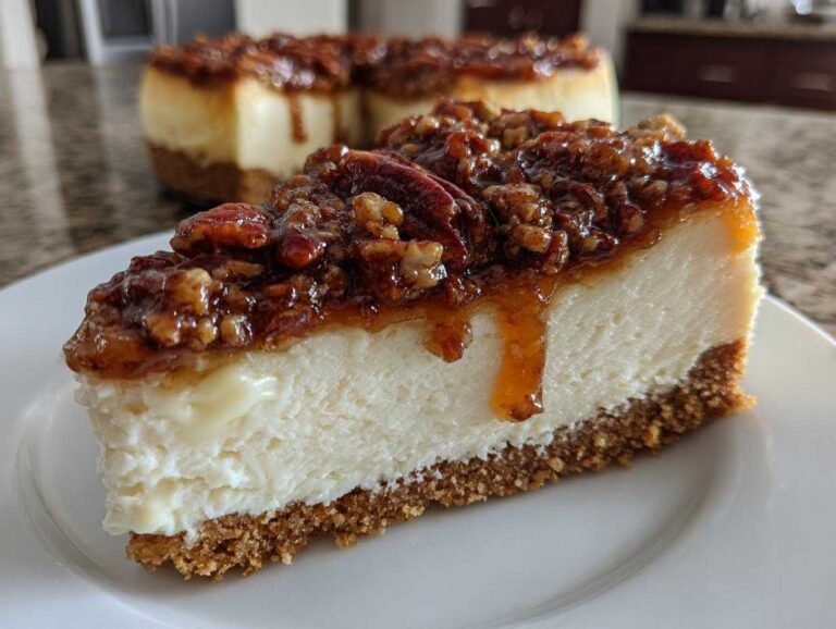A close-up slice of pecan pie cheesecake featuring a thick graham cracker crust and gooey pecan topping.
