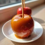 A glossy, freshly made caramel apple on a stick, sitting on a small white plate, with another apple blurred in the background.