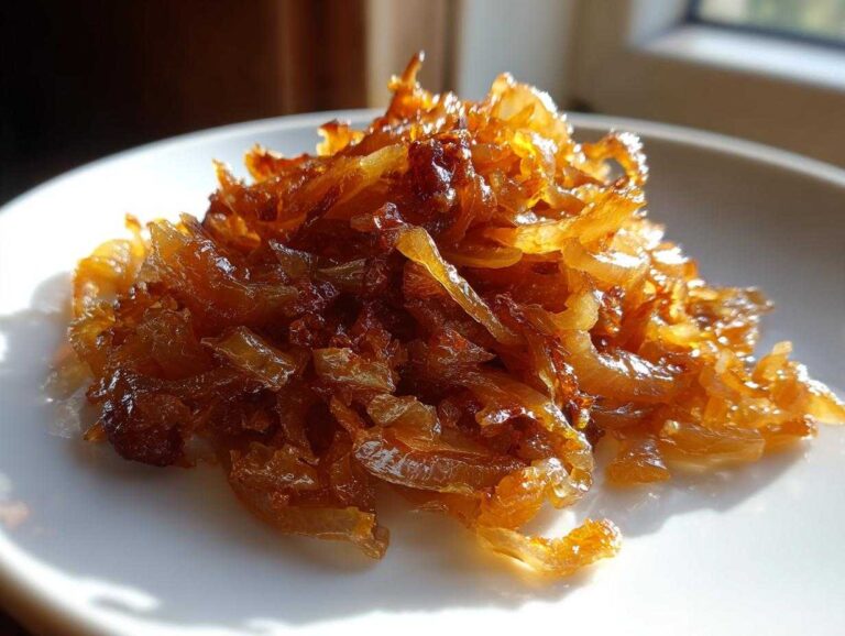 Close-up of a mound of deeply golden brown caramelized onions glistening on a white plate.