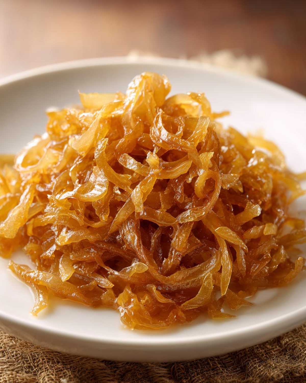 Close-up of rich, golden brown caramelized onions piled high on a white dish.