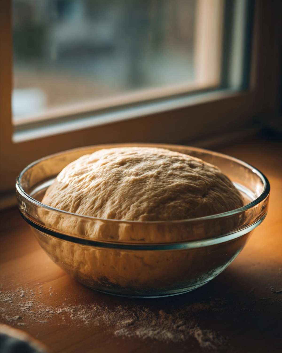 A large ball of risen pizza dough recipe resting in a clear glass bowl near a window.
