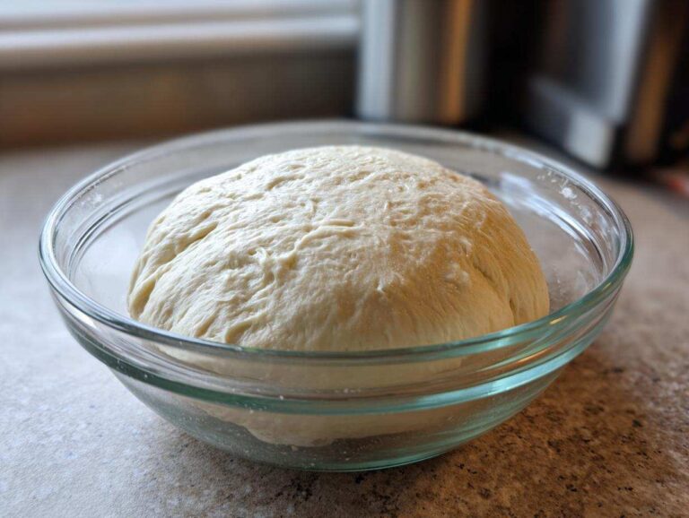 A large ball of risen pizza dough recipe resting in a clear glass bowl on a kitchen counter.