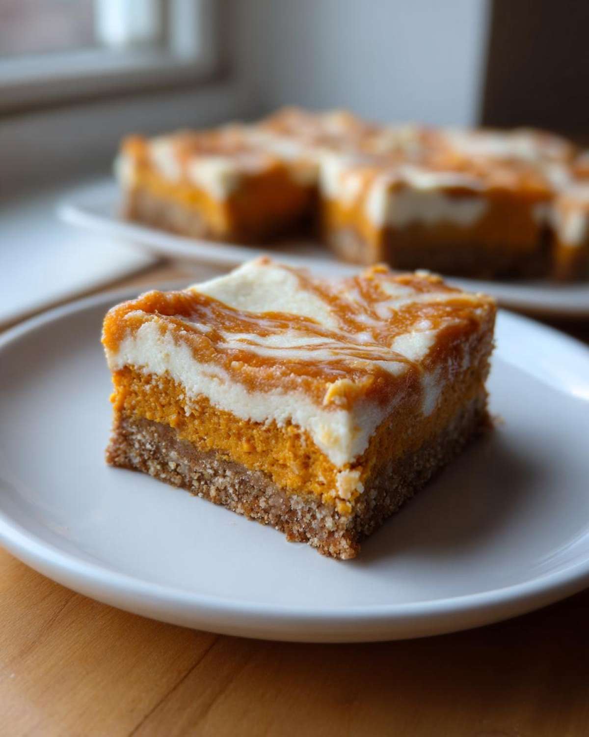 A close-up of a single square of pumpkin cheesecake bars showing a graham cracker crust, bright orange pumpkin layer, and swirled cream cheese topping.