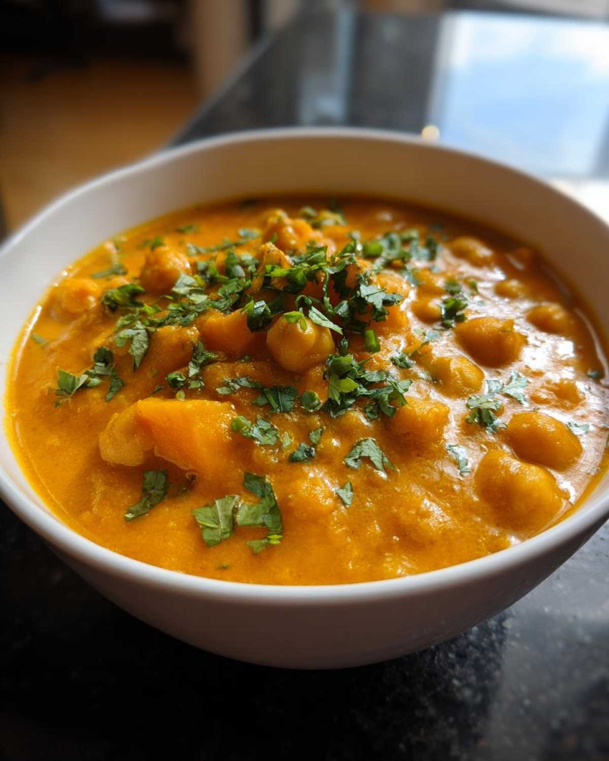 Close-up of a creamy, orange pumpkin curry with chickpeas, garnished generously with fresh cilantro.