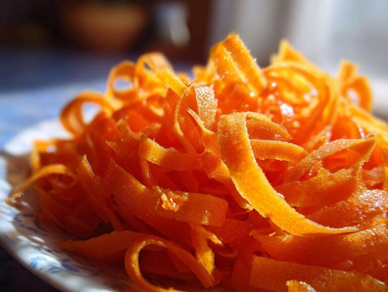 Close-up of bright orange, thinly shaved ribbons of carrot ready for a raw carrot salad, glistening slightly.