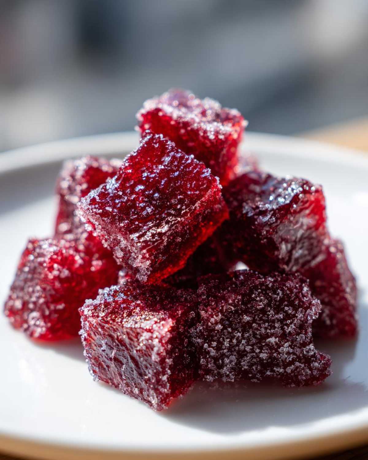 Close-up of glistening, sugar-coated red cubes of homemade cinnamon rock candy stacked on a white plate.