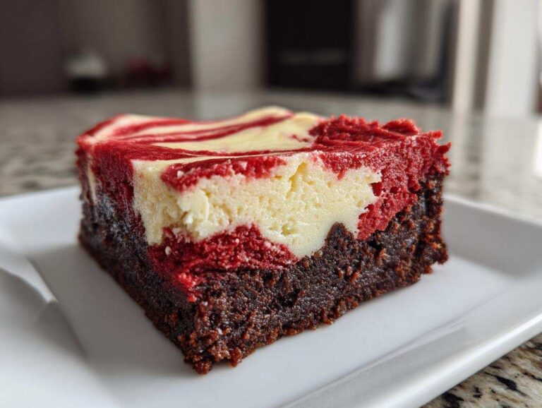 A rich, square slice of red velvet cheesecake brownies showing a dark brownie base and a marbled red and cream cheese topping.