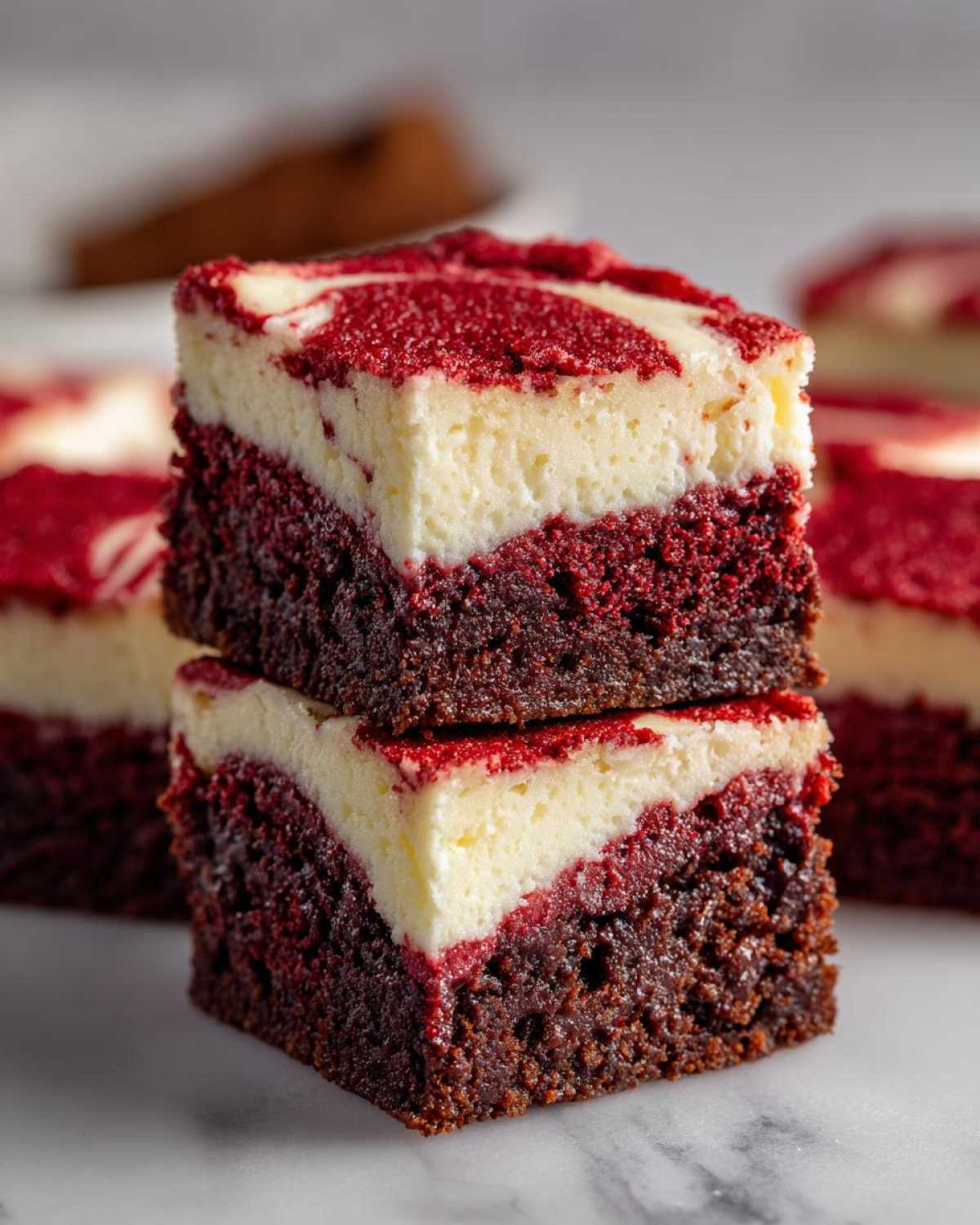 Two stacked squares of rich red velvet cheesecake brownies showing the dark brownie base and creamy swirled topping.